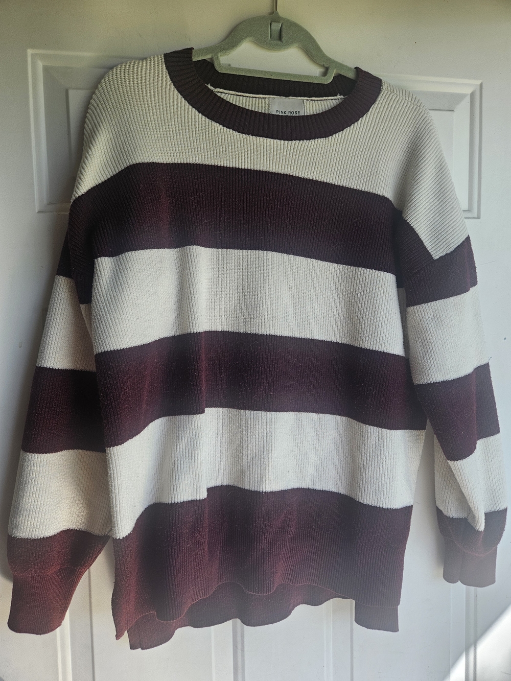 Pink Rose Burgundy and Cream Striped Crewneck Sweater